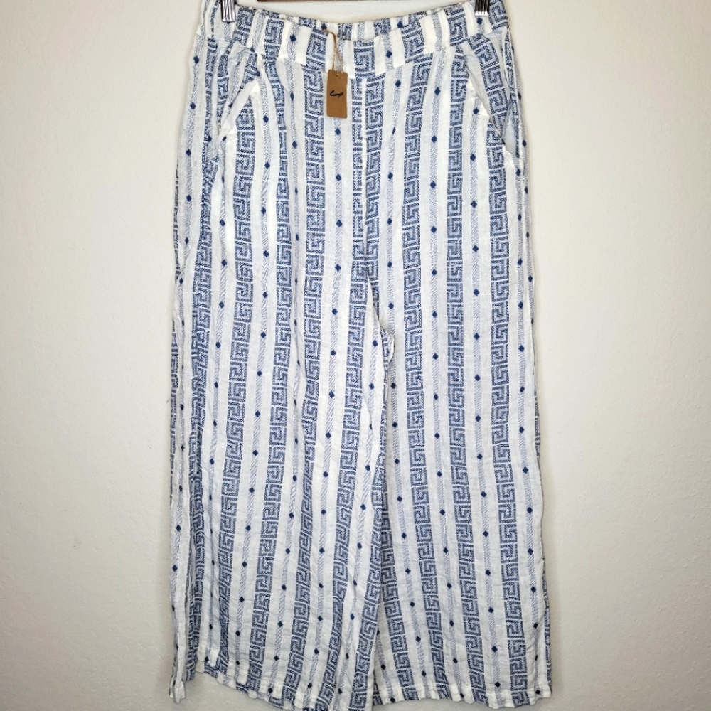 CP SHADES Blue and White Striped Wide-Leg Linen Pants Size S